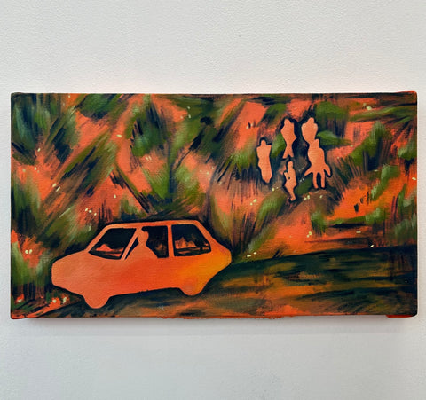 Painting by Mhairi Vint, created using acrylic on canvas of an abstract orange car 