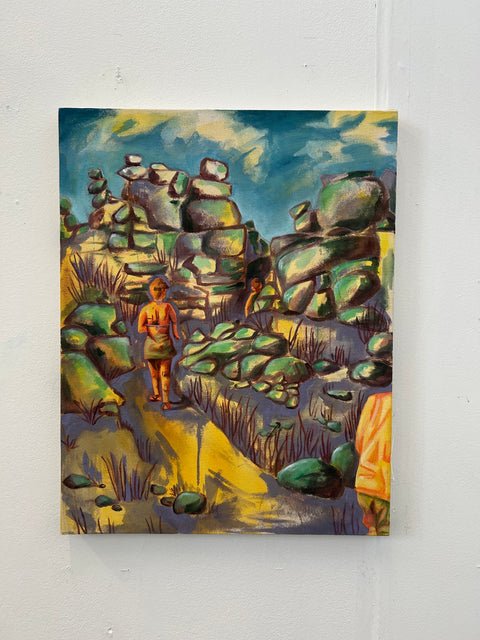 Painting by Mhairi Vint, created using acrylic on canvas. Depicting the outskirts of a desert, an abstract orange woman in an outskirt desert landscape.